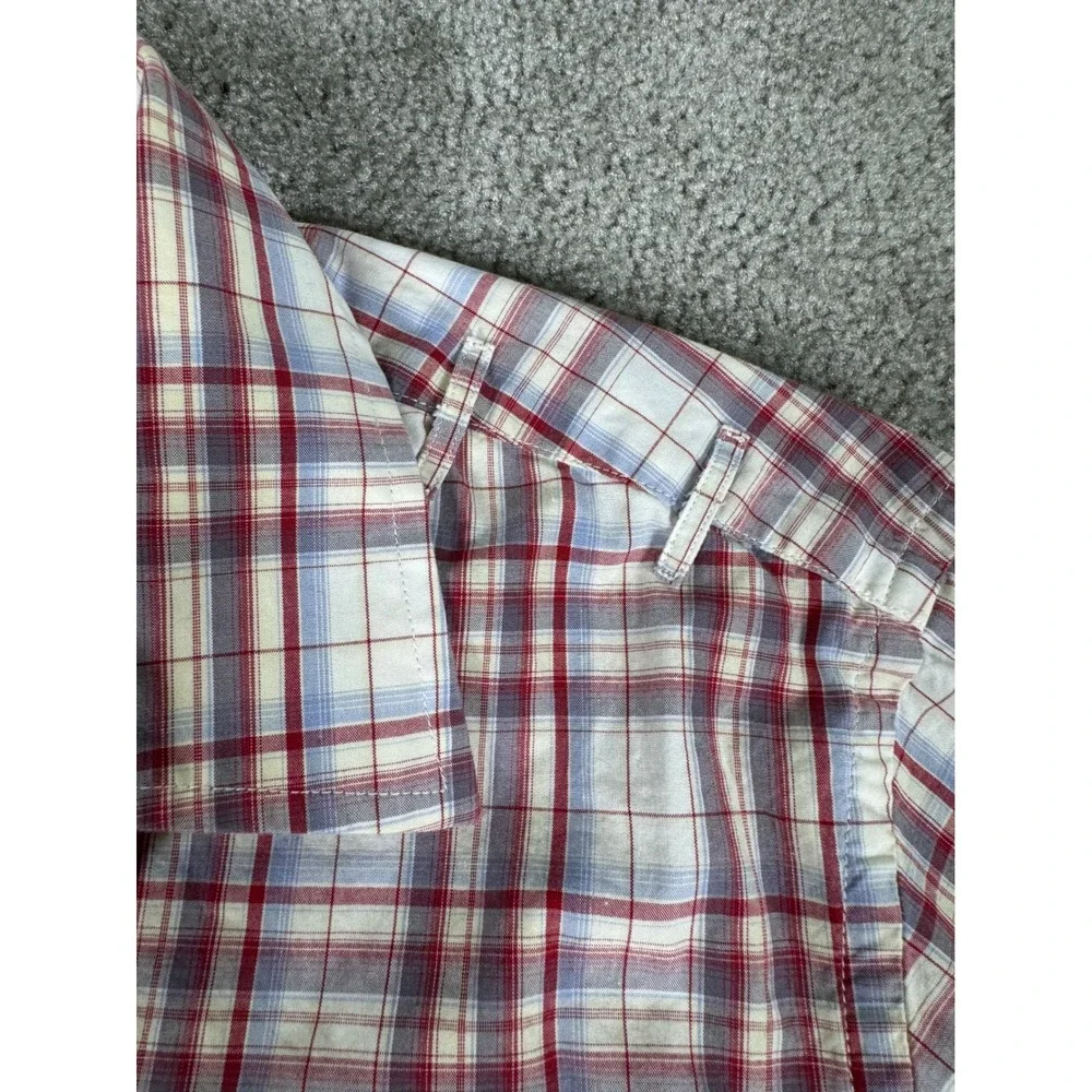 Banana Republic Men Large Plaid Button Down Shirt Red White Blue Roll Tab Cotton